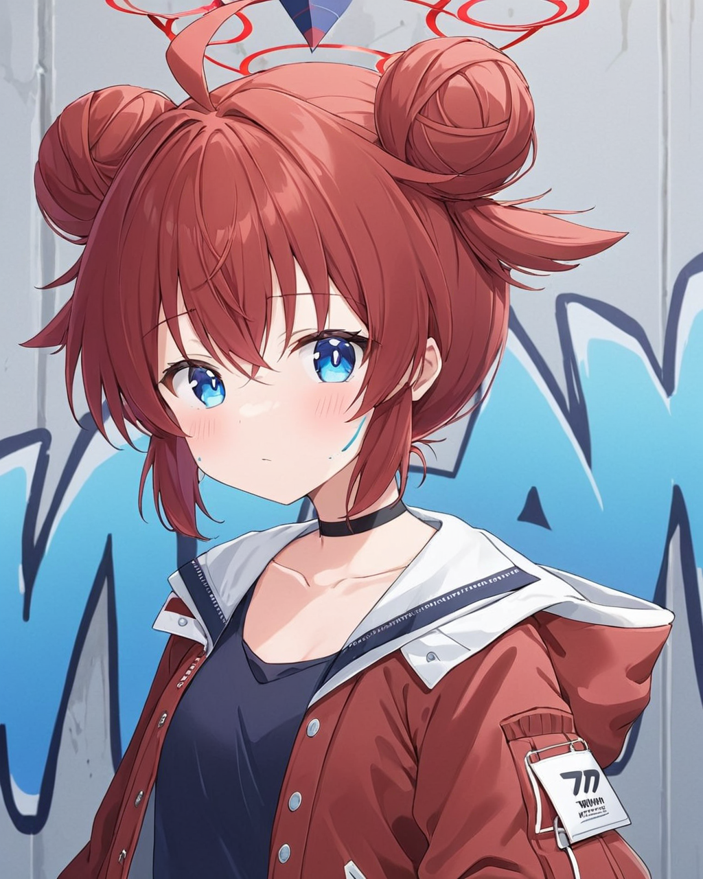 maki \(blue archive\),1girl, double_bun, graffiti, ahoge, solo, red_jacket, looking_at_viewer, long_sleeves, upper_body, halo, blue_nails, paint_splatter_on_face, white_shirt, tank_top, black_choker, collarbone, open_jacket, blush, sleeveless_shirt
<lora:maki_(blue_archive)_image389_2023-11-24:1>. gorgeous,key visual, vibrant, studio anime,award-winning, professional, highly detailed,high budget, cinemascope