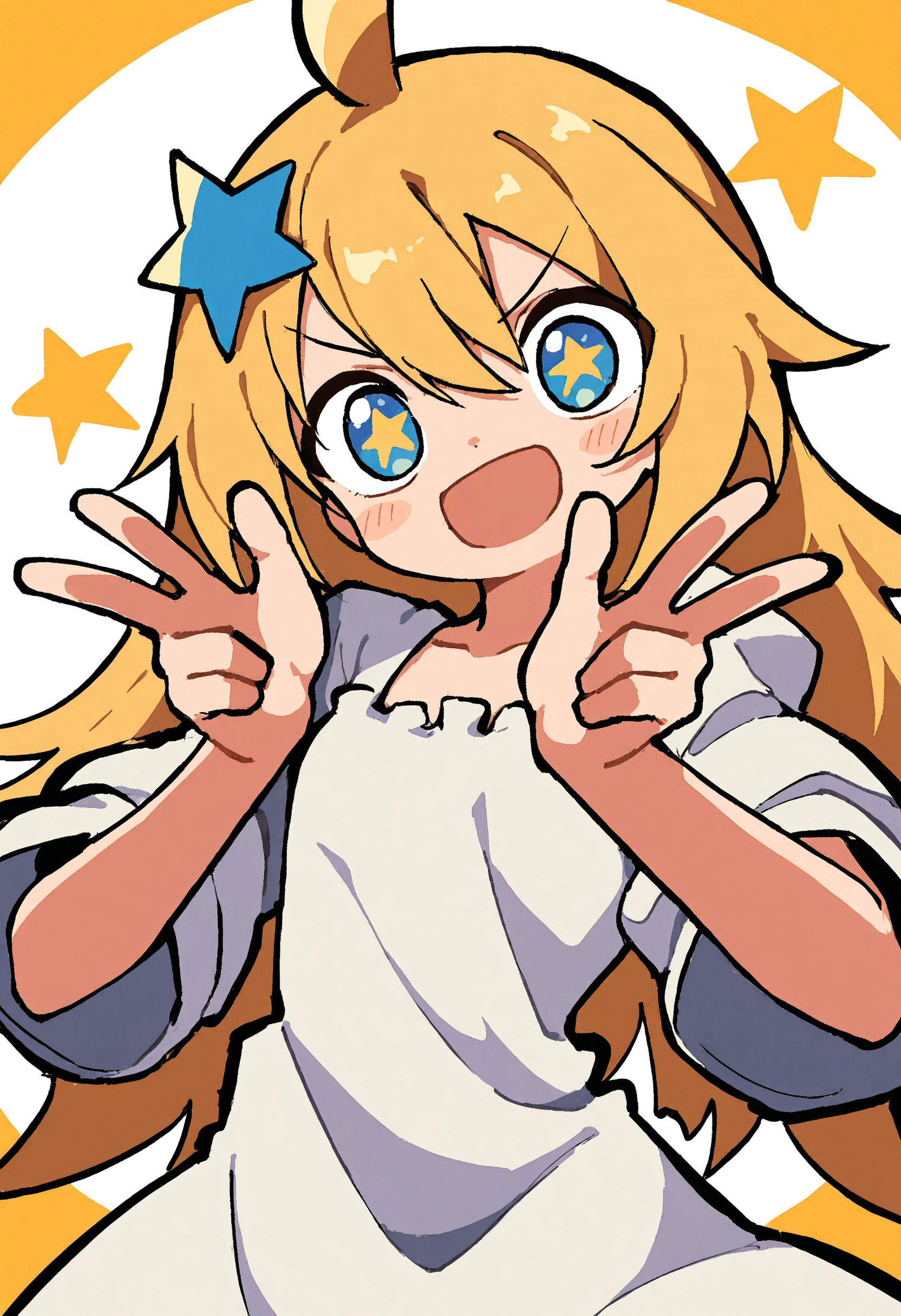 masterpiece, best quality, absurdres, very aesthetic, highres, very awa,
odyk, jaggy lines, 1girl, solo, blonde hair, star (symbol), open mouth, ahoge, hair ornament, white dress, double w, 
<lora:odyk:0.8>