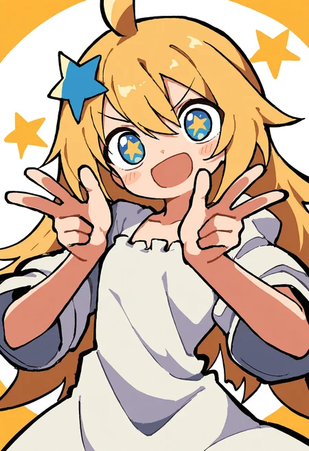 masterpiece, best quality, absurdres, very aesthetic, highres, very awa,
odyk, jaggy lines, 1girl, solo, blonde hair, star (symbol), open mouth, ahoge, hair ornament, white dress, double w,
<lora:odyk:0.8>