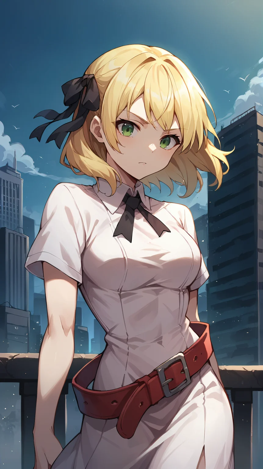 score_9,score_8_up,score_7_up,score_6_up, source_anime, zPDXL, <lora:xl_more_art-full_v1:0.5>, girl, blonde hair, medium hair, green eyes, hair ribbon, black ribbon, pink dress, red belt, <lora:Esther Rosenthal - Pony-000003:0.7>, dynamic pose, looking over her shoulder, cityscape, empty streets, solo, modern city,skyscraper,