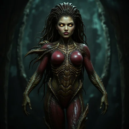 aidmafluxpro1.1, aidmarealisticskin, The image is a photograph of a female humanoid alien figure, likely a movie poster. The creature has an elongated, humanoid body with a female, muscular, athletic build. Its skin is a blend of dark green and reddish tones, with a scaly, textured surface that suggests a reptilian or insectoid origin. The creature's face is striking, with sharp, angular features, glowing yellow eyes, and a mouth filled with sharp teeth.