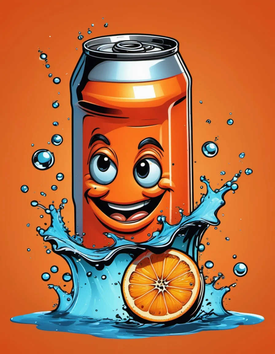 vector cartoon illustration of An orange-flavored aluminum beveragecan emerges from the water, Giorgio Morandicolor scheme.light background, orange scattereoaround, surrounded by water, sun refraction, highdetail, high quality, photography, ISO 200 canonclean images, super HD, 8k <lora:Vector cartoon illustration-000008:1>