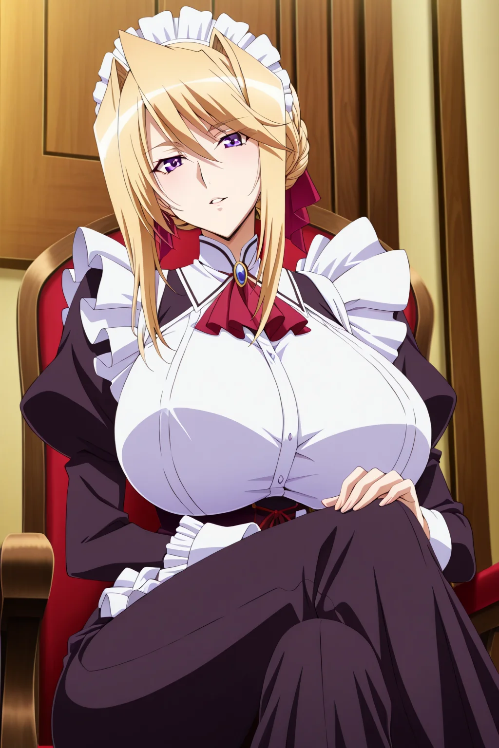 score9, score8up, score7up, score6_up,
wooden room, indoors, sitting on Chair, Crossed legs,
1 girl,solo, huge breasts,Young girl, 18yo,
Sylvia van Hossen, SylviavanHossen, Sylvia_van_Hossen,
blonde_hair,hair_between_eyes, purple_eyes,hair_bun,
maid, maid headdress, maid apron, red ribbon,
long sleeves,
detailed decoration,parted lips,looking_at_viewer,moody,
Light_smile,
masterpiece, best quality, amazing quality, very aesthetic, newest,
(anime_screencap:1.3), (anime_coloring:1.3), official style, perfect quality,