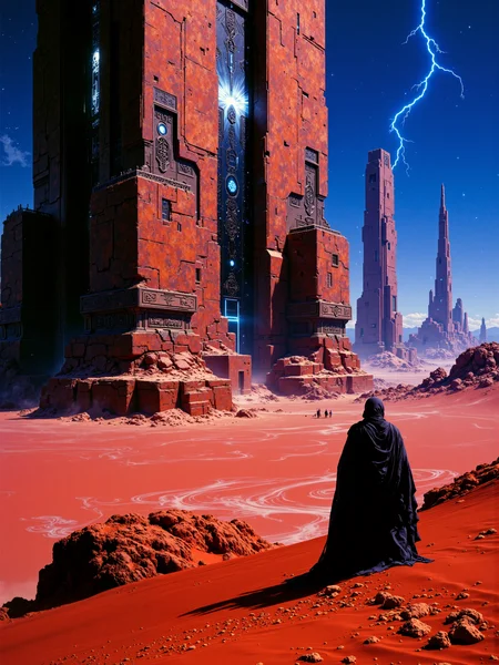 ultra-high-resolution cinematic film still, highest aesthetic quality, ultra-detailed, hyper-realistic, photorealistic, uhd, 8k, 4k, science fiction, cinematic sci-fi film still, ultra-detailed and photorealistic, an endless alien desert of wine red sand stretches toward the horizon, vast dunes sculpted by unseen winds, at its heart, towering black obelisks of impossible height rise into the stormy sky, their surfaces covered in intricate, glowing inscriptions that pulse and flicker with eerie energy, the mindbending geometric design of the structures hints at an ancient, forgotten intelligence beyond human comprehension. in the foreground, a lone traveler stands at the base of the nearest monolith, his silhouette dwarfed by the immense scale of the structure, a tattered hooded cloak billows in the dry wind, dust swirling around him, his footprints already vanishing as the wine red sand shifts, the traveler tilts gazes at the nearest structure, bathed in unearthly glowing energy, a mix of reverence and fear in his posture. the composition is a low-angle shot, emphasizing the towering grandeur of the obelisks and the insignificance of the lone figure, leading lines formed by the monoliths guide the viewer's eye into the vast expanse, additional obelisks barely visible in the hazy distance, their details softened by the atmospheric dust. the lighting is cinematic and moody, with a gradient sky going from a deep indigo to a light cyan sky in the distance, crackling with distant energy storms, faint auroras weaving through epic stormclouds, the alien inscriptions emit a cold, spectral glow, casting soft, moving light on the surrounding sand and the traveler, occasional flashes of lightning in the far distance illuminate even more forgotten structures beyond the horizon. photographed with a medium format digital camera, ultra-sharp details in the obelisks intricate carvings, soft depth of field adding cinematic realism, subtle chromatic aberration and lens flares enhancing the eerie glow of the inscriptions, the color palette is dominated by wine red, shades of blue and obsidian black, evoking a haunting atmosphere of ancient power, mystery, and awe, ovg, artilands02, arsmoviestill, 80s fantasy movie still, <lora:style-fantastic_landscapes-v2-flux-by_artifyai:0.8> <lora:style-80s_fantasy_movie-v3-flux-by_arsmachina:0.72>