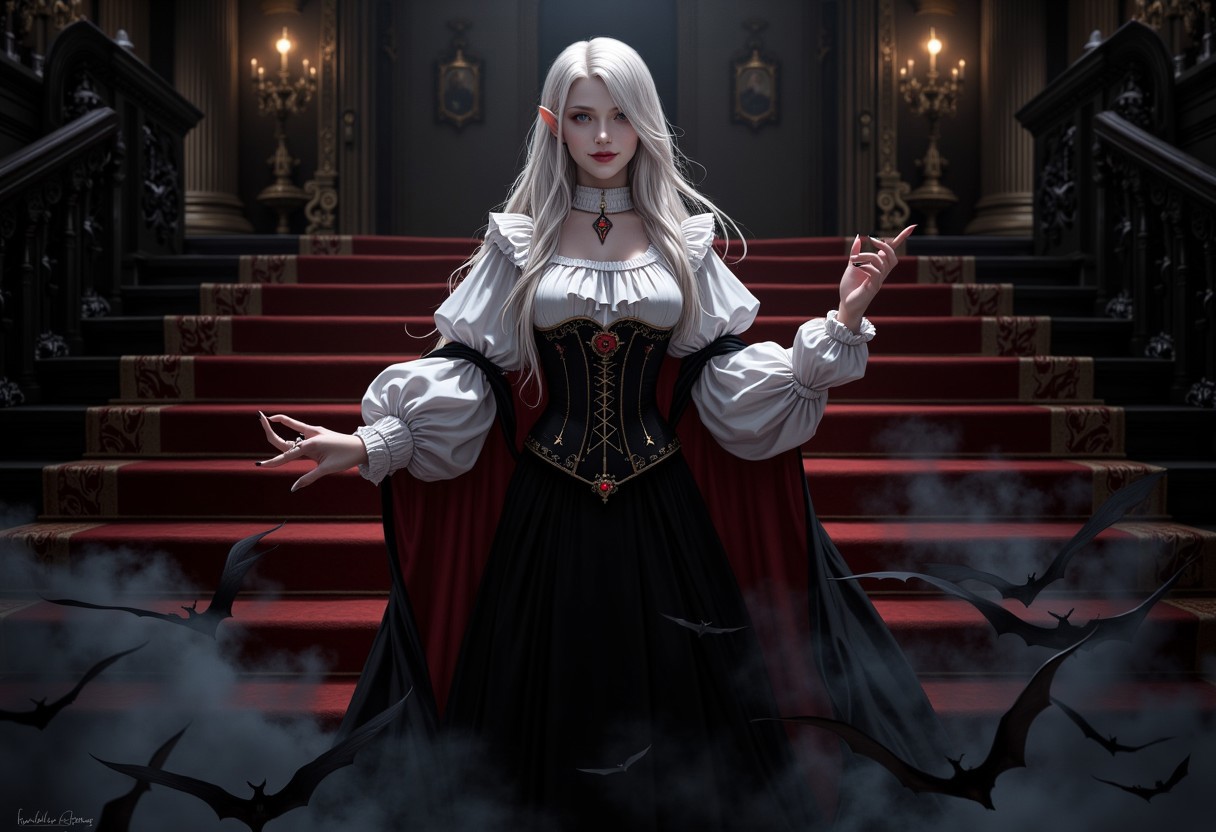 A vampiric figure, standing in an imposing, gothic interior, likely the grand staircase of a dark, aristocratic mansion. The character exudes an air of elegance and supernatural power, with pale, porcelain-like skin and flowing white hair cascading down her back. Her pointed ears and red eyes confirm her vampiric nature, and her fangs are subtly visible, adding to the sense of danger.
She wears a refined outfit: a ruffled white blouse with voluminous sleeves, combined with a dark corset and a flowing black skirt, adorned with a deep red cape that adds a regal touch to her appearance. Her posture is poised, with her arms raised as though she is conjuring or commanding the dark mist swirling around her. The shadowy fog at her feet envelops the scene, from which black bats are emerging, flying into the air as if summoned by her will. These bats further enhance the gothic and supernatural atmosphere of the scene.
The setting is dimly lit, with the red carpeted stairs and shadowy portraits on the walls contributing to the haunting and aristocratic ambiance. The image evokes a sense of dark beauty and mystery, portraying the character as a powerful, enigmatic vampire, possibly the matriarch of this eerie and grand domain. <lora:FluxMythP0rtr4itStyle:0.6> <lora:flux.1_lora_flyway_Epic-Characters_v1:0.6> <lora:Elden_Ring_-_Yoshitaka_Amano:0.33>