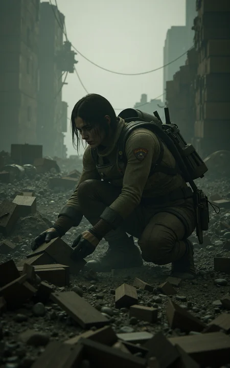 A lone scavenger searching for supplies in the ruins of a collapsed city,side-view close-up shot,focused on the searching action. Wearing a tattered survival outfit with makeshift armor,the rescuer lifts debris with gloved hands,dust and dirt covering their face. The ruins in the background are engulfed in a smoky haze,with remnants of civilization scattered around. The atmosphere is tense,evoking a sense of struggle and survival. Dark,moody,cinematic,high detail.,
<lora:kcyberpunk-01:0.6>,kcyberpunk,