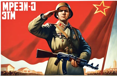 s-o, solo, looking at viewer, brown hair, long sleeves, 1boy, hat, holding, closed mouth, standing, jacket, weapon, male focus, outdoors, sky, belt, holding weapon, uniform, black eyes, russian text, gun, military, military uniform, copyright name, facial hair, traditional media, parody, cover, helmet, building, holding gun, rifle, city, realistic, brown headwear, red flag, salute, assault rifle, manly, house, trigger discipline, soldier, kalashnikov rifle, poster \(medium\), war, united states, soviet, ak-47, male
masterpiece, absurdres,
<lora:CCCPposter-NOOB-VPRED1.0-7:1>