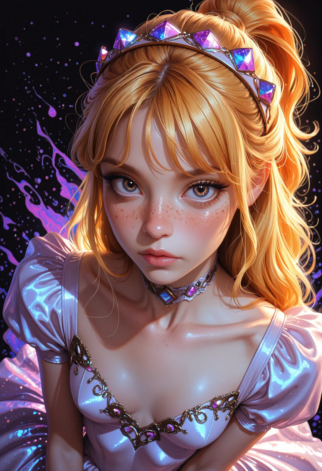 masterpiece, high_quality, highres, depth_of_field, subject_focus,
PG, woman, ginger_hair, blonde_hair, messy_hair, long_hair, half_updo, half_ponytail, brown_eyes, haute_couture, maid_hairband, maid_dress, skin_tight, eyelashes, sexy_pose, blush, sparkly_eyes, dynamic_posingsultry_gaze, slim, choker, looking at viewer, cinematic, movie_shot, purple_background, white_background, black_background, fractal_background, abstract, dynamic, border_frame, from_above, face_focus, freckles, ultraviolet, backlight, neon, gold_accents