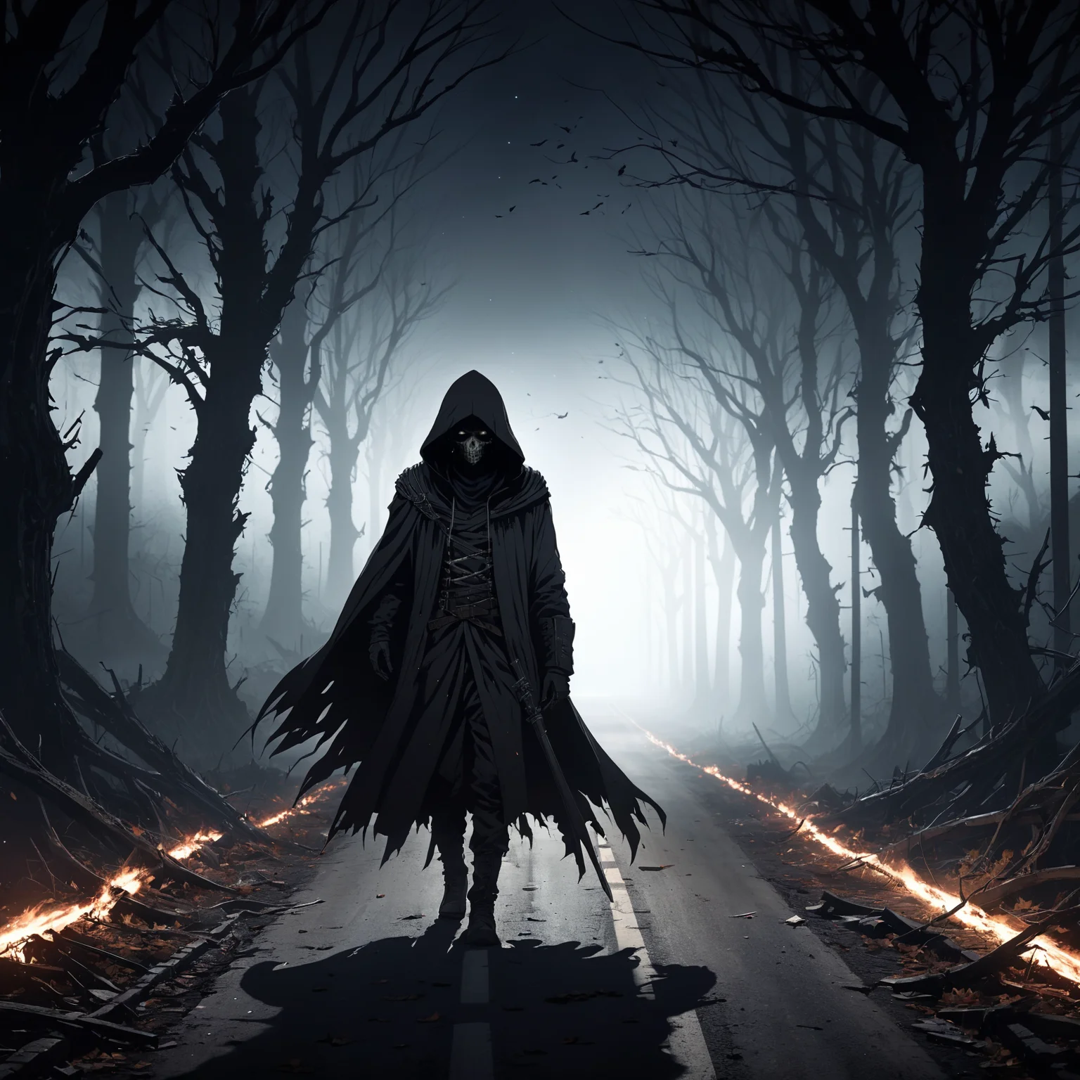 2D anime style, anime screencap, abandoned road at night, set in a dark, desolate landscape. The background features rows of lifeless trees with twisted trunks and branches, stretching into the distance. The road is littered with debris and decaying leaves, with a broken-down car rusting on the side. A thick fog rolls in, obscuring the horizon and adding to the sense of dread. Far in the distance, a dark, hooded figure looms, its presence adding to the terror. High detail and complexity, dark colors, dynamic lighting, extremely exaggerated and spooky background, terrifying atmosphere, scary details