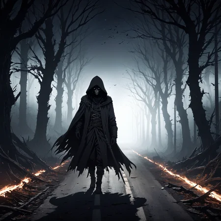 2D anime style, anime screencap, abandoned road at night, set in a dark, desolate landscape. The background features rows of lifeless trees with twisted trunks and branches, stretching into the distance. The road is littered with debris and decaying leaves, with a broken-down car rusting on the side. A thick fog rolls in, obscuring the horizon and adding to the sense of dread. Far in the distance, a dark, hooded figure looms, its presence adding to the terror. High detail and complexity, dark colors, dynamic lighting, extremely exaggerated and spooky background, terrifying atmosphere, scary details