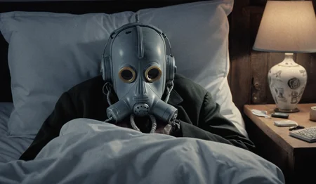 <lora:SDXL Grab-Bag-2 - Gasmask Guys - Trigger is grbtw artstyle:1>, , Movie scene where grbtw artstyle invents a pillow that records dreams, but accidentally plays back a marathon of wacky nightmares, emphasizing surreal sleep sequences.