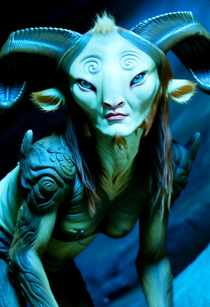 Pans Labyrinth style beautiful fluffy animal alien, ultra high res, food, analog, fine art, animal ears, bioluminescence, cover art, majestic, 8k uhd, cinematic, great art, midnight, dark theme, UHD, disturbing, subsurface scattering, abstract, mountain, mask, unsettling