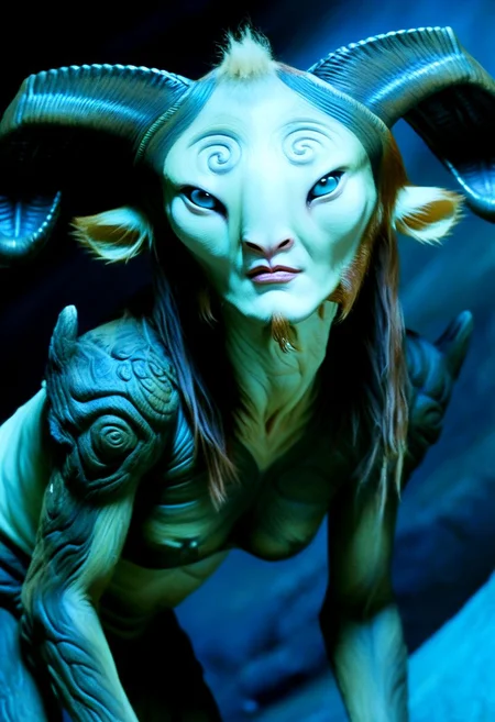 Pans Labyrinth style beautiful fluffy animal alien, ultra high res, food, analog, fine art, animal ears, bioluminescence, cover art, majestic, 8k uhd, cinematic, great art, midnight, dark theme, UHD, disturbing, subsurface scattering, abstract, mountain, mask, unsettling
