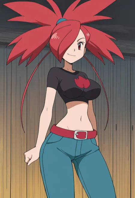 masterpiece, best quality, solo, curvy, beautiful eyes, aged up, large breasts, wide hips, narrow waist, 1girl, solo, smile, looking at viewer, zzFlannery, red eyes, hair over one eye, big hair, ponytail, red hair, spiked hair, long hair, crop top, midriff, red belt, denim jeans, ,<lora:FlanneryPokemon_IXL:1.0>, , smile, looking at viewer, cowboy shot, <lora:HaradaTakehitoIXL_v3:0.8>, <lora:ZankuroIXLLight_v2:0.3>,