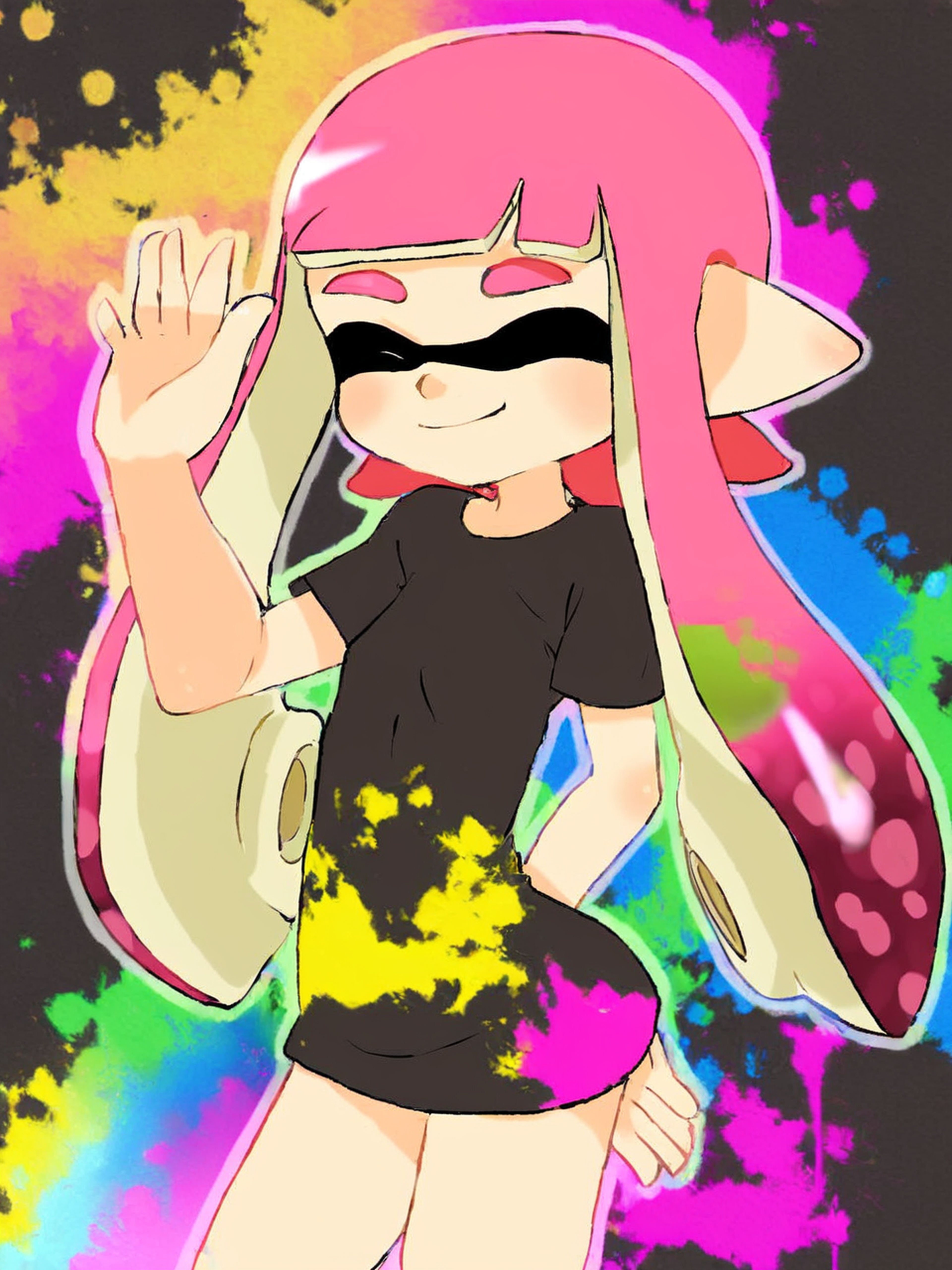 <lora:add-detail-xl:1> <lora:AiArtsChannel_Inkling:1> masterpiece,  1girl, solo, long hair, smile, long hair, black shirt, closed eyes, pink hair, short sleeves, cowboy shot, tentacle hair, rainbow, colorful background, inkling, inkling girl