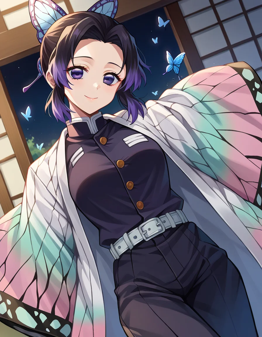 score_9, score_8_up, score_7_up, source_anime,
shinobukochou, <lora:shinobu-kochou-ponyxl-lora-nochekaiser:1>,
shinobu kochou, animal print, black hair, butterfly, butterfly hair ornament, butterfly print, forehead, gradient hair, hair ornament, haori, multicolored hair, parted bangs, purple hair, short hair, two-tone hair,
belt, black pants, butterfly print, coat, demon slayer uniform, haori, japanese clothes, pants, uniform,
indoors, smile,
looking at viewer, dutch angle, cowboy shot,