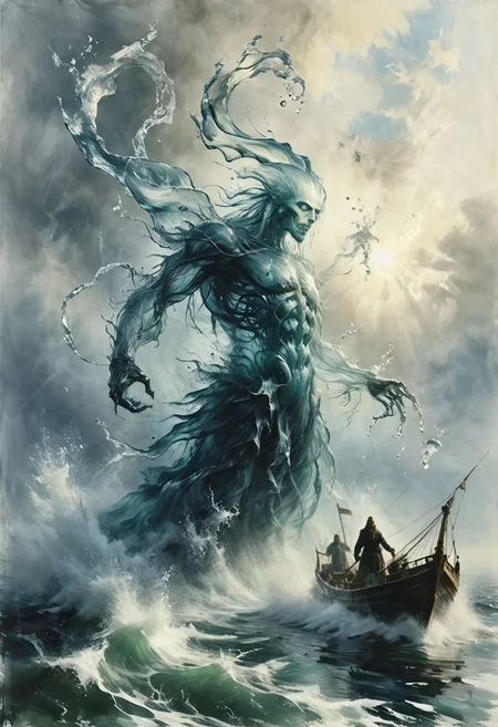 , masterful painting in the style of Anders Zorn, water (skeleton:0.5) elemental rising from the ocean in whirlwind of water and air, destroying a ship, watce