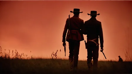cinematic film still of <lora:detailed:0.2>
<lora:perfection style:0.2>
<lora:Ron Fricke style:0.1>
<lora:Django Unchained film style:0.8>
In 1858 two silhouette men walking in a field with a red sky,hat,holding,standing,monochrome,weapon,male focus,multiple boys,2boys,from behind,holding weapon,gun,grass,holding gun,red background,handgun,silhouette,red theme , 1800's, western film style, Django Unchained film style, cinematic, shallow depth of field, vignette, highly detailed, high budget, bokeh, cinemascope, moody, epic, gorgeous, film grain, grainy