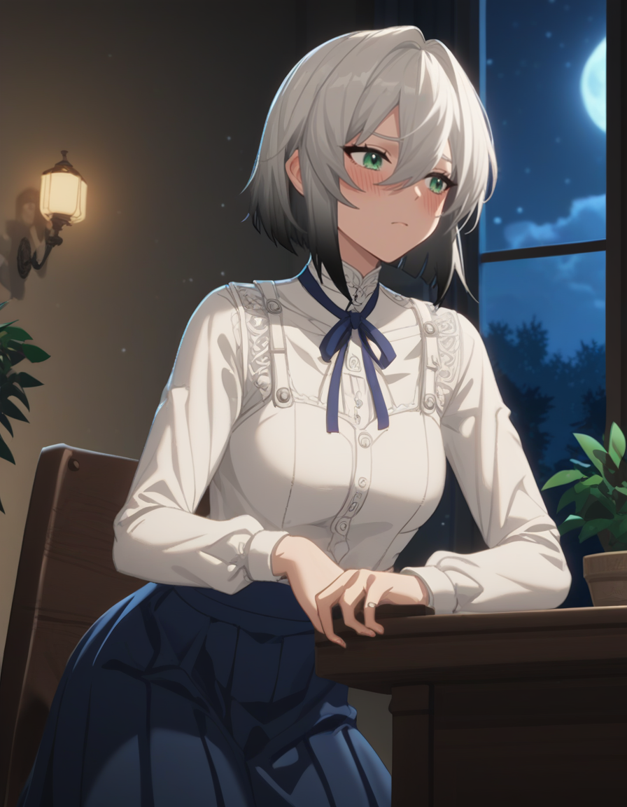 score_9,score_8_up,score_7_up,source_anime,
(neck_ribbon:1.2),(white_shirt:1.2),(long sleeves:1.2),(blue skirt:1.2),thighs,night,moon,bedroom,chair,blush,
yubing,1girl,solo,green eyes,multicolored hair,grey hair,black hair,hair between eyes,gradient hair,<lora:yubing_pony2:0.6>,anime screencap,<lora:Anime_Screencap:1>,