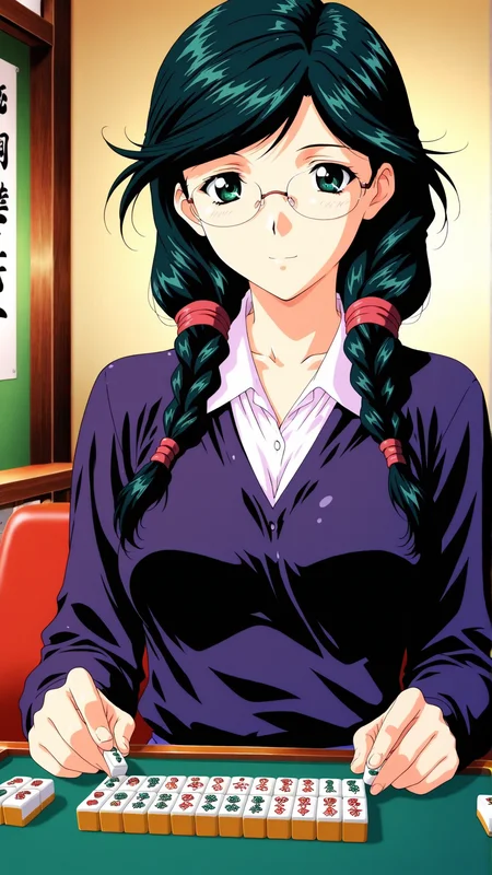 masterpiece, best quality, anime coloring, room, mahjong, mahjong tile,
1girl,solo, mahjong tile,
 <lora:Yukari-Kinomiya_lL_v01:1> yukari-kinomiya, twin braids, hair over shoulder, twintails, rimless eyewear, green hair, green eyes, medium breasts, long hair