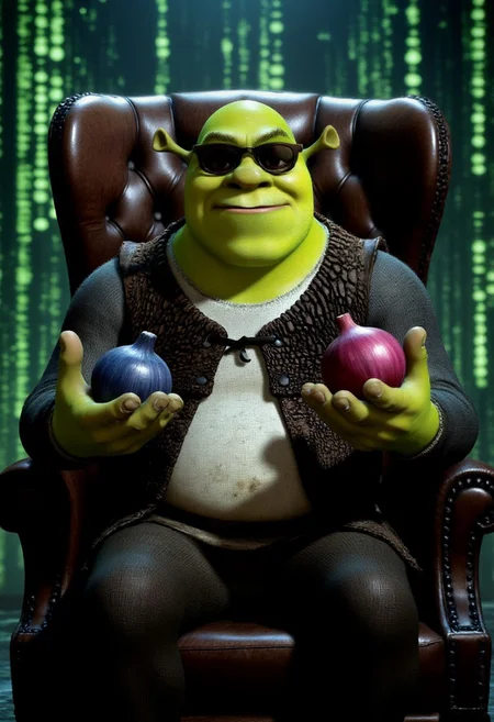 Shrek as Morpheus from The Matrix, round black sunglasses, sitting confidently on a sleek leather chair. He holds out two photorealistic onions—one blue and one red—in front of the viewer, palms out. The background is a futuristic, green-tinted scene filled with cascading digital code.