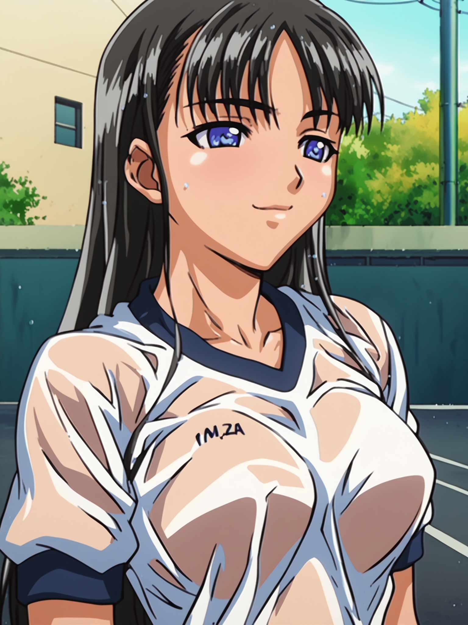 <lora:happy_tentacle-asa-v0.3:1>, ht_asa, gym uniform, wet, see-through, school, outdoors , 1girl, solo, portrait , , ( drunk , smile :1.1), looking down , score_9, score_8_up, score_7_up, score_6_up, score_5_up, score_4_up