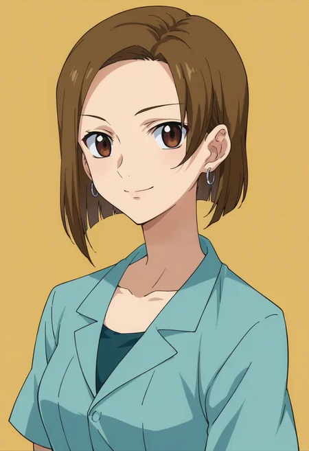 score_9,score_8_up,score_7_up,score_6_up,score_5_up,score_4_up,anime coloring BREAK source_anime,anime,<lora:Kinue_Crossroad_Gundam_00_Pony:0.7>,kinue,1girl,solo,brown eyes,brown hair,short hair,earrings,blue shirt,smile,multicolored background,portrait,upper body,looking at viewer,