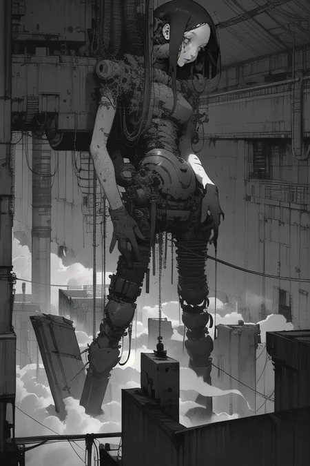 (masterpiece), (best quality), (high resolution), hyper detailed, solo, girl, detailed_background, vast, gigantic, decrepit scenery, covered in large tubes and cables, dim light,  (organic works very well with buildings and city scenery) <lora:epiNoiseoffset_v2:1.3>, <lora:blameLora_v10:1>