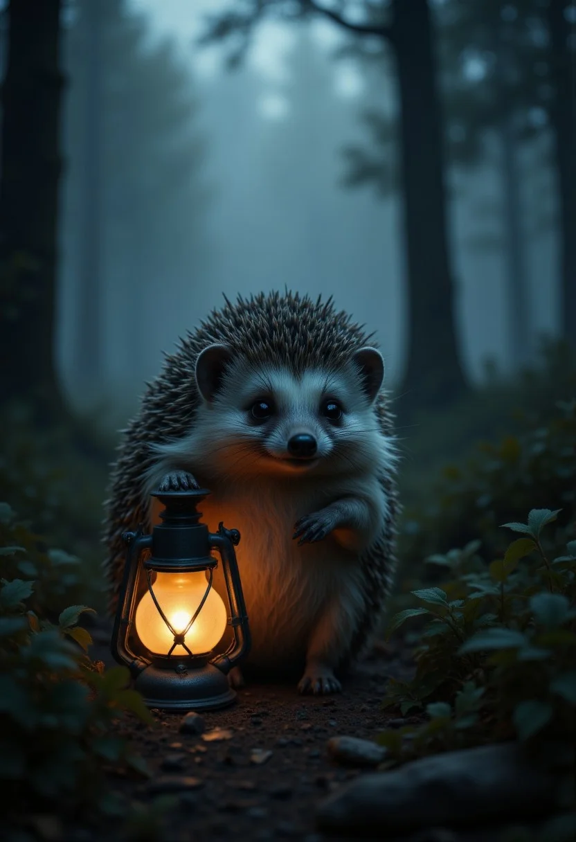 A small hedgehog standing alone in a dark, misty forest. The hedgehog is covered in spiky needles and holds a small glowing lantern in its right paw, which illuminates its surroundings. The hedgehog has wide, round black eyes with a gentle, innocent expression. Its tiny legs and arms are barely visible under the thick coat of needles. The overall atmosphere is mysterious and melancholic, with soft, diffused lighting. The foggy background creates a sense of depth and isolation, with dark, indistinct trees barely visible in the distance.