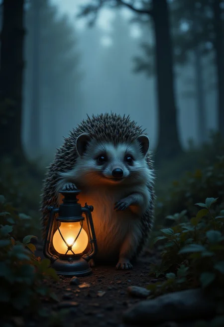 A small hedgehog standing alone in a dark, misty forest. The hedgehog is covered in spiky needles and holds a small glowing lantern in its right paw, which illuminates its surroundings. The hedgehog has wide, round black eyes with a gentle, innocent expression. Its tiny legs and arms are barely visible under the thick coat of needles. The overall atmosphere is mysterious and melancholic, with soft, diffused lighting. The foggy background creates a sense of depth and isolation, with dark, indistinct trees barely visible in the distance.
