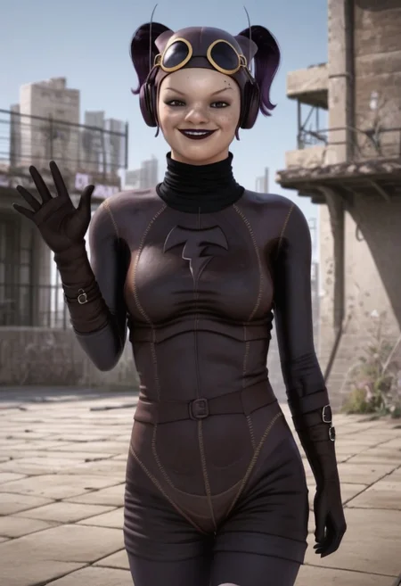 1girl, freckles, brown eyes, thin eyebrow tattoos, dark purple hair, dark lipstick, brown leather helmet, goggles on head, brown headphones, gloves, boots, turtleneck, black and brown bodysuit, realistic, score_8_up, score_7_up, BREAK, 1girl, solo, looking at viewer, cute, smiling, smug, walking, waving at viewer, female focus, looking at viewer, detailed background, 4k, masterpiece, best quality, highly detailed, realistic, full shot
