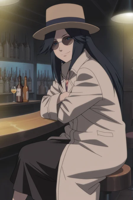 anime screencap, anime coloring, detailed face, masterpiece, best quality, very aesthetic, absurdres, volumetric lighting, official style, amazing quality, ultra detailed, highres, amazing quality, scenery, beautiful detailed hair, beautiful detailed eyes
<lora:Koyuki_Kazahana_Naruto_the_Movie_Ninja_Clash_in_the_Land_of_Snow_-_Illustrious_r2:1>
at a bar, sitting on a bar stool, alcohol botles,
Koyuki Kazahana (character), 1girl, solo, black hair, long hair, blue eyes, Koyuki disguise outfit, coat, hat, sunglasses,
looking at the viewer, sly smile, sitting, arms crossed,