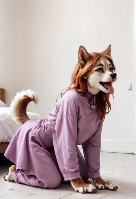 solo, dog girl, dog ears, wearing long sleeve purple 1960's dress,  on all fours, paw pose, canine tongue, tongue out, exited, lavender leather dog collar, paws, (raised tail under skirt), side view, external, in a meadow, human eyes, ((corgi dog muzzle)) , canine hind paws, canine hands, sitting like a dog, orange hair, hair in shoulder length style with bangs, in the style of Daphne from scooby doo, no human ears