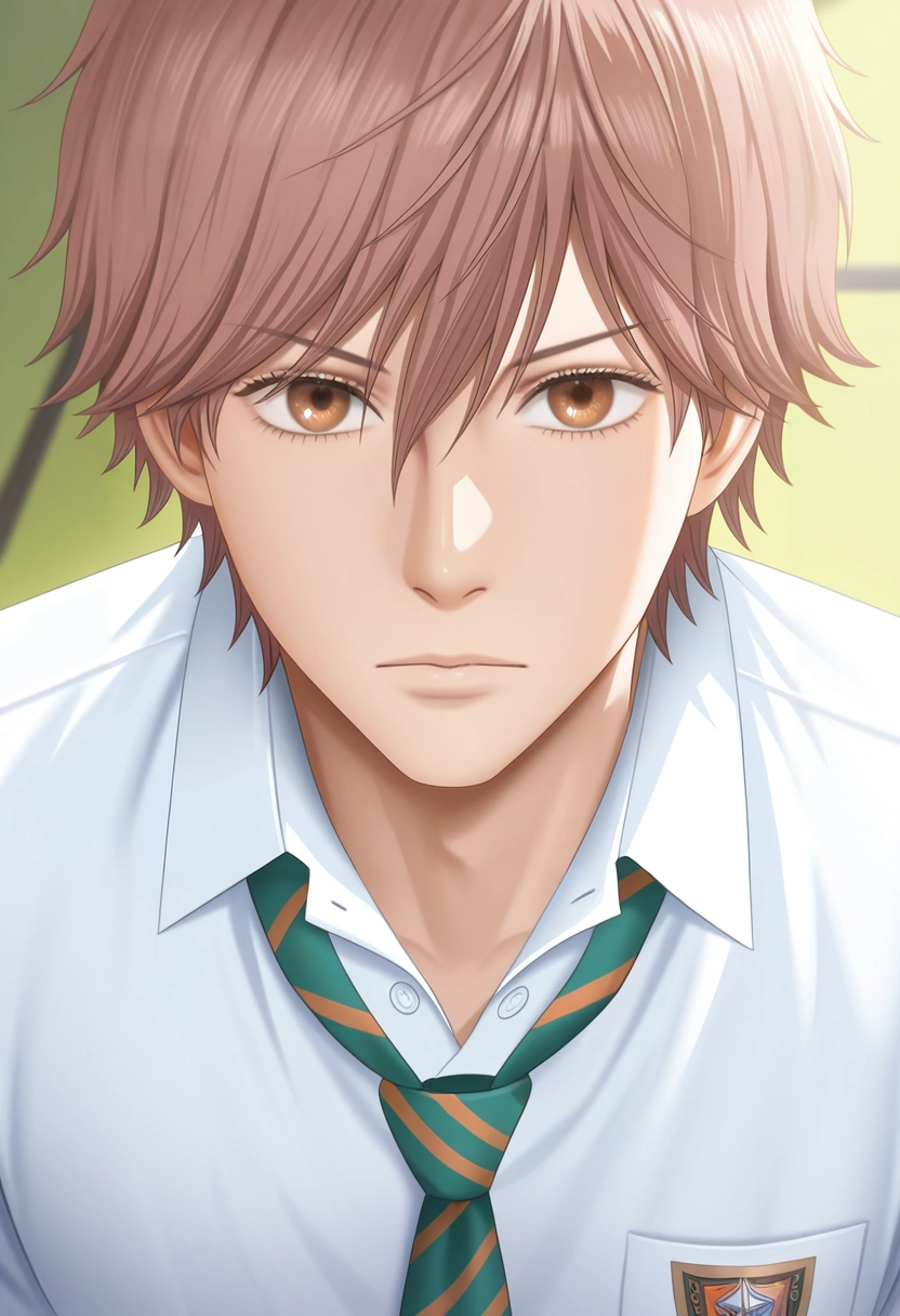 masterpiece, best quality, intricate details, (realistic:0.6), looking at viewer, 1boy, solo, male focus, <lora:taichi_mashima_ilxl:0.92>, taichi_mashima, brown hair, brown eyes, short hair, bangs, hair between eyes, white shirt, collared shirt, striped necktie, , ,