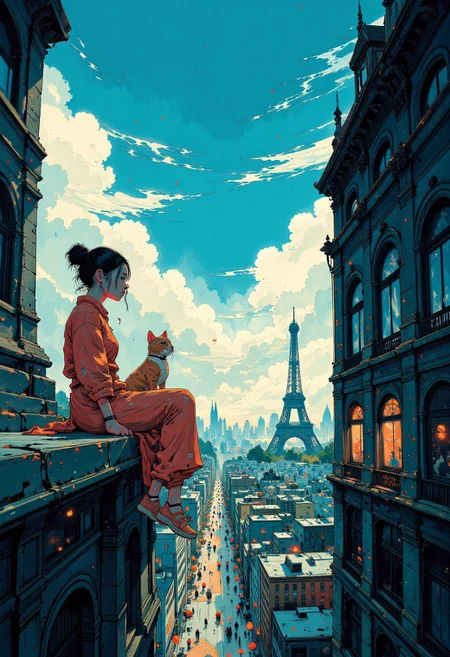 A dynamic anime-style illustration of a glamour woman sitting on the edge of a building in paris, overlooking the eiffel tower, high above the city. She has her legs stretched forward with her hands gently resting on her knees, her upper body leaning slightly forward. her cat rests next to her on the ledge. She wears a bright pink dress, and vibrant pink sandals with white soles. Her golden blonde hair flows naturally in the breeze.
The background features a vivid urban parisian cityscape , with detailed buildings, small cars, and bustling streets far below. The perspective emphasizes depth and height, creating a thrilling and adventurous atmosphere. The color scheme is dominated by bright blue and pink tones, with orange and green elements.
The sunlight casts soft, warm shadows, enhancing the vibrant and energetic mood. The overall composition is dynamic and asymmetrical, with a strong sense of scale and movement in the scene.
<lora:Anime v1.3:1.2> <lora:Blue_Future:0.9>, painted world