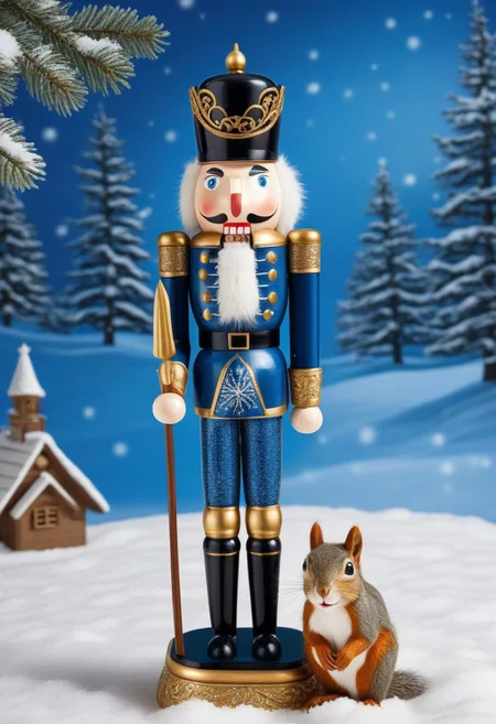 an extremely royal nutcracker, elegant, standing in the snow<lora:Holiday_Nutcracker_SDXL:0.7> (with nuts:1.1), next to a squirrel, intricate, (open mouth, extremely highly detailed, high contrast, film grain:0.85), (white snowy blue Christmas background:1.23)