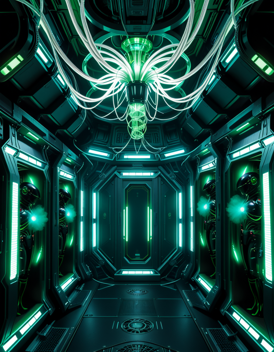 A dark, oppressive regeneration chamber deep within a Borg vessel â a biomechanical environment where drones return to recharge and interface with the collective. The chamber is dimly lit with pulsating green and white lights that flicker through dense shadows. The walls are lined with vertical alcoves, each containing a Borg drone standing motionless, plugged into the system via biomechanical tendrils, tubes, and neural interfaces embedded into their bodies.
The surfaces of the room are a fusion of metallic plating, organic texture, and cybernetic growths â as if the ship itself is alive, constantly shifting and adapting. Steam hisses softly from vents near the floor, and faint mechanical whirring echoes through the chamber. Fiber optic cables pulse with data transmissions, running across the ceiling like glowing veins. 
Above, a central neural conduit hangs like a mechanical spine from the ceiling, branching out and connecting to each alcove, feeding the collective hive mind with real-time information. The atmosphere is cold, sterile, and unnervingly silent â a place devoid of individuality, where only the will of the collective exists. There is no comfort here, only efficiency, order, and total control. 
<lora:SDXLFaeTastic2400:0.4> <lora:extremely_detailed:0.4> extremely detailed,<lora:borg_recharge_ch4mb3r:1>,borg recharge ch4mb3r, Masterpiece,best quality,hi res,8k,hi res,8k,award winning,(sharp focus, intricate, highly detailed),