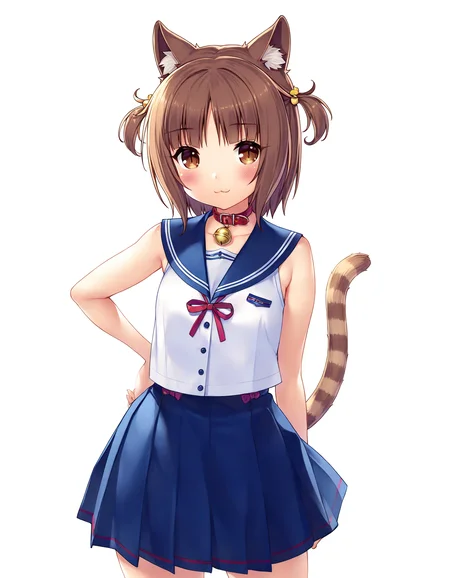 masterpiece, best quality, good quality, very awa, very aesthetic, absurdres, newest, azuki \(nekopara\), 1girl, solo, tail, cat ears, brown hair, cat tail, jingle bell, skirt, :3, brown eyes, sleeveless, hand on own hip, hair ornament, two side up, short hair, white background, looking at viewer, smile, striped tail, neck bell, collar, pleated skirt, blush, sailor collar, school uniform, sleeveless shirt,<lora:azuki_nekopara:0.8>