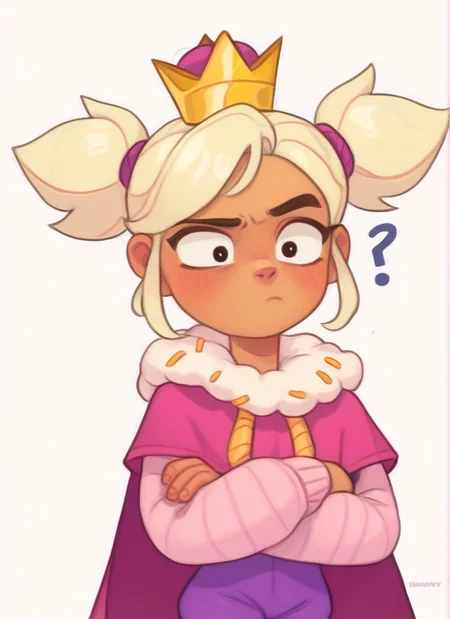 score_9, score_8_up, score_7_up, <lora:bsmandy:1> 1 girl , bsmandy ,dark-skinned female , simple background, , blonde hair, crown , full body, short twintails, bodysuit, purple shorts ,pink sweater, cape, yellow striped thighhighs, upper body, , <lora:PossumMachine:1>posmach ,confused, crossed arms, solo
