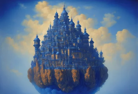 award winning painting of a floating castle in the air, epic composition, detailed, parts made of deep blue crystal, intricate, the greatest painting ever