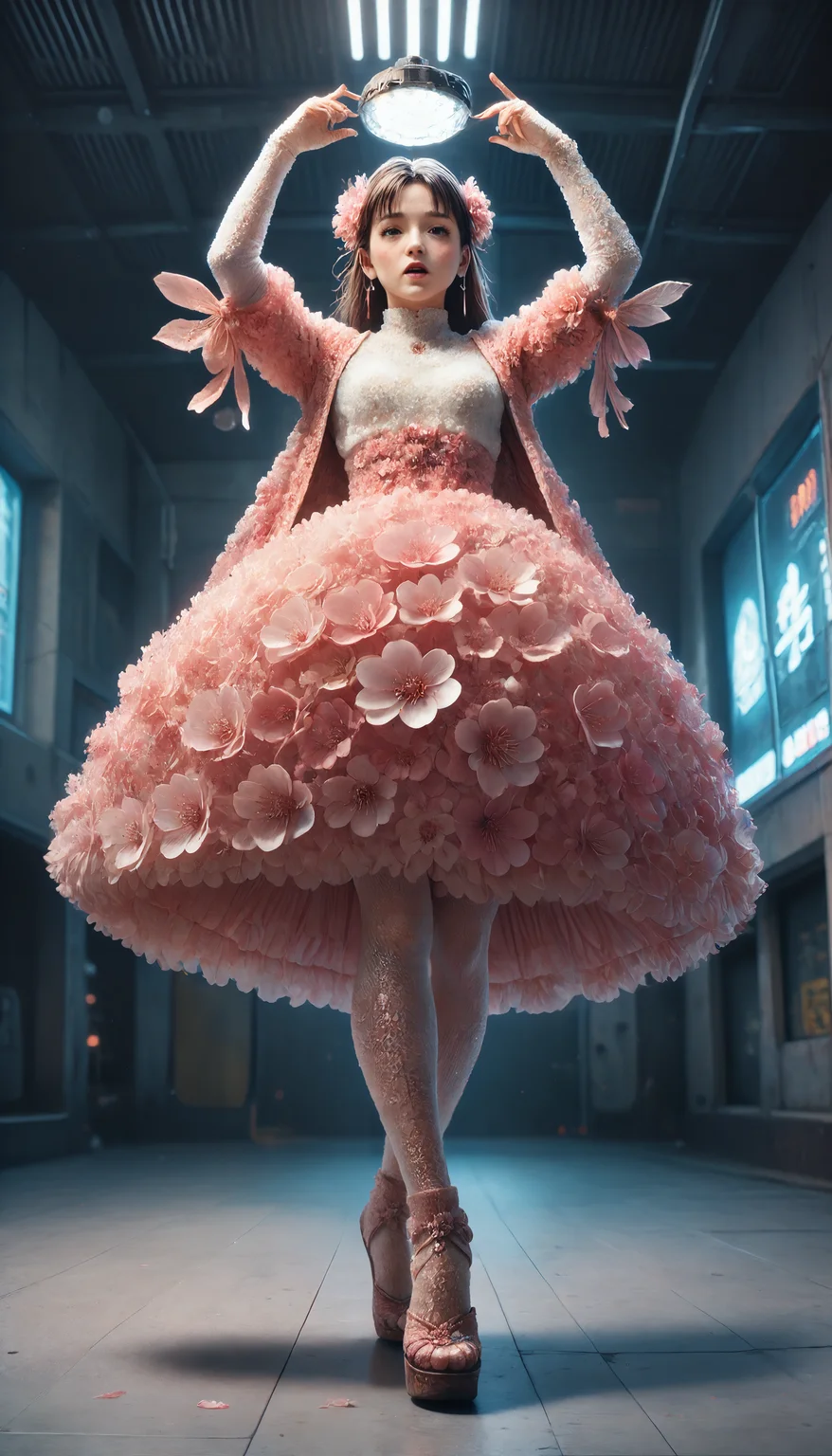 score_9, score_8_up, score_7_up, BREAK, made of sakura, A photorealistic image of a ((Geisha made of sakura)) in a futuristic japanese setting. full body, from below