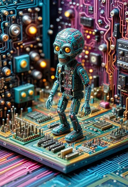Tilt shift photography style, Diorama page, chibi, a zombie, zombie made of circuits, walking, ( Unmanned:1.2), mix of colors psychedelic background,