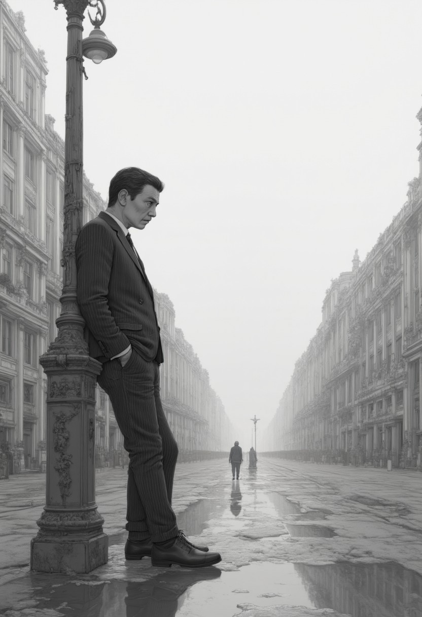 A black-and-white shot of a man in a striped suit leaning against a lamppost on a foggy Paris street. His reflection distorts in a puddle below, while a distant figure carrying an umbrella hurries away into the misty background.