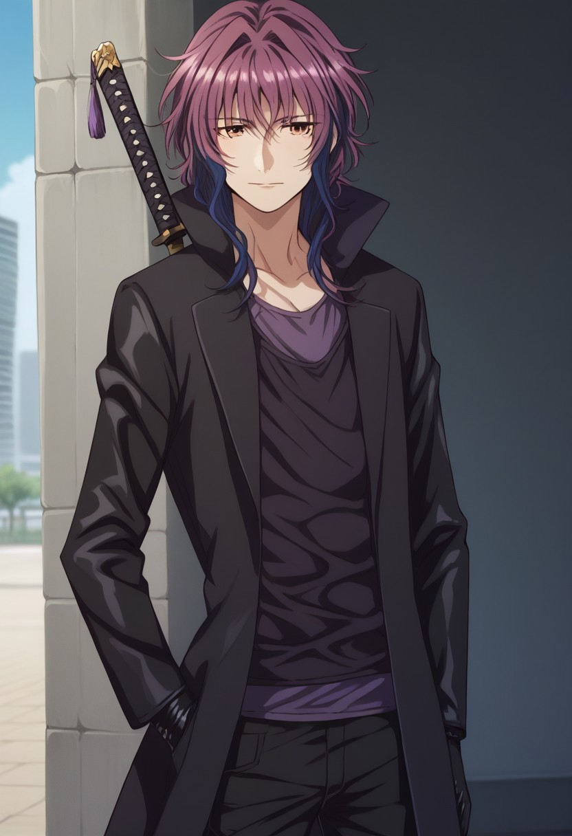 score_9, score_8_up, score_7_up, source_anime, highly detailed, 
yukari, 1boy, male focus, solo, multicolored hair, purple hair, blue hair, long hair, brown eyes, shirt, black shirt, purple shirt, long sleeves, pants, black pants, coat, black coat, gloves, black gloves, katana, weapon, sword on back,
outdoor,