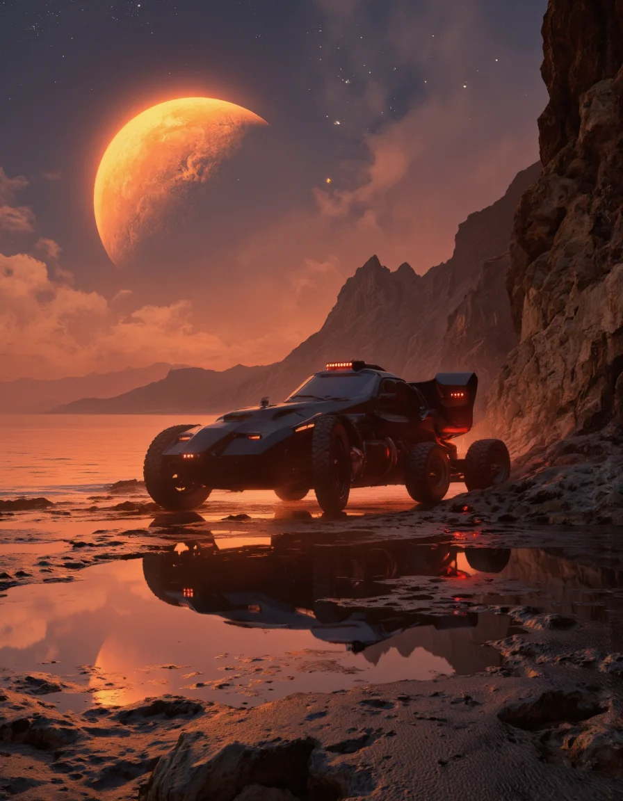 By Arthur Yuan.
A futuristic, sci-fi digital illustration shoot from a far camera angle about a futuristic armored vehicle reflecting in a reflective puddle on a rocky landscape during sunset. the image also shows a large, glowing crescent moon in the sky, surrounded by mountains and a rocky shoreline. on the middle of the image, a futuristic, armored vehicle with a sleek, sleek design is positioned in the center of the frame, with its large, black wheels reflecting the warm, orange glow of the setting sun. the vehicle has a long, sleek body with a red light bar on the top, and its headlights are turned on, giving it a futuristic look. it appears to be a stealth vehicle, with no visible damage or wear, and is positioned on a reflective surface, with the moon casting a bright orange glow over the scene. the background features a rocky cliff on the right side and a vast expanse of water reflecting the moonlight, creating a serene and reflective atmosphere. the sky is filled with stars and a few clouds, adding to the sense of depth and dimensionality in the image.