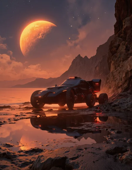 By Arthur Yuan.
A futuristic, sci-fi digital illustration shoot from a far camera angle about a futuristic armored vehicle reflecting in a reflective puddle on a rocky landscape during sunset. the image also shows a large, glowing crescent moon in the sky, surrounded by mountains and a rocky shoreline. on the middle of the image, a futuristic, armored vehicle with a sleek, sleek design is positioned in the center of the frame, with its large, black wheels reflecting the warm, orange glow of the setting sun. the vehicle has a long, sleek body with a red light bar on the top, and its headlights are turned on, giving it a futuristic look. it appears to be a stealth vehicle, with no visible damage or wear, and is positioned on a reflective surface, with the moon casting a bright orange glow over the scene. the background features a rocky cliff on the right side and a vast expanse of water reflecting the moonlight, creating a serene and reflective atmosphere. the sky is filled with stars and a few clouds, adding to the sense of depth and dimensionality in the image.