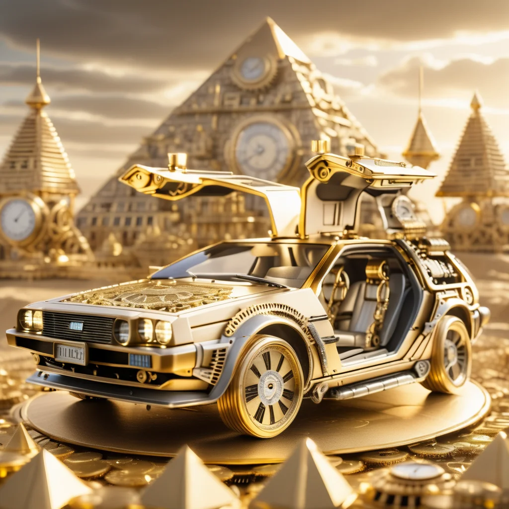 timeart golden clock delorean time machine, with the pyramids in the background, very realistic, very detailed, cinematic, professional light<lora:timeart:1>