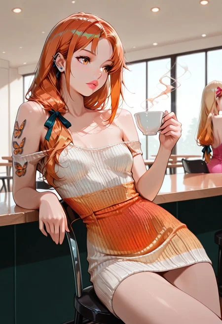 masterpiece, best quality, 32k, high resolution, absurdres, HD32k, masterpiece, Eva, EvaRH, (((orange hair))) , gradient blonde hair, low tied hair, asymmetric hair, long hair, hair ribbon, parted bangs, amber eyes, slim, fit, small breasts,butterfly tattoo on arm, beautiful lips, pierced ears, knit bodycon dress, off shoulder, bare shoulders dress, posing sexy, flirty, cowboy shot, café, sitting on chair, cafe table, holding a cup of tea, detailed,