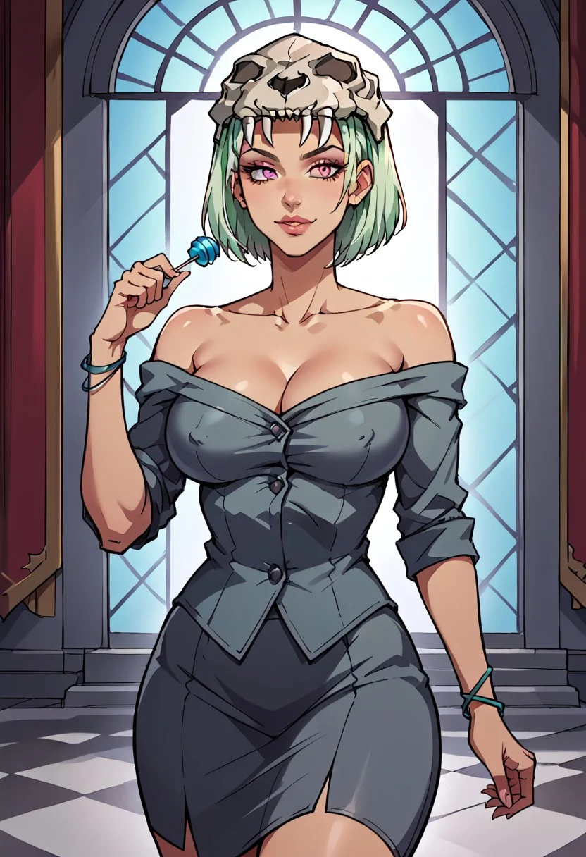 CastraDP, 1girl, solo, dark skinned female, mint green hair, light green hair, bob cut, pink eyes, pink irises the shape of an X, lips, animal skull on her head, large grey dress shirt, large breast, blue bracelets, pink shoes, jewelry, bare shoulders, lollipop, cleavage, wide hips, tattoo on collarbone,
seductive pose, sexy pose, tease, in the spotlight,,
smile, jojo reference, indoors,
score_9, score_8_up, score_7_up, beautiful aesthetic, very intricate, high quality details,vibrant, highly detailed, award-winning, professional,anime artwork, anime style, studio anime, athletic, curvy body, athletic girl, perky tits,large breast,perfect tits, round breasts, nipple outline,looking at viewer, pinup pose,teasing, dynamic lighting, cinematic, smug, better than you, aura of temptation, highly detailed, high resolution, masterpiece, detailed clothes, detailed background, highly detailed, ((sound effects)) comic layout,