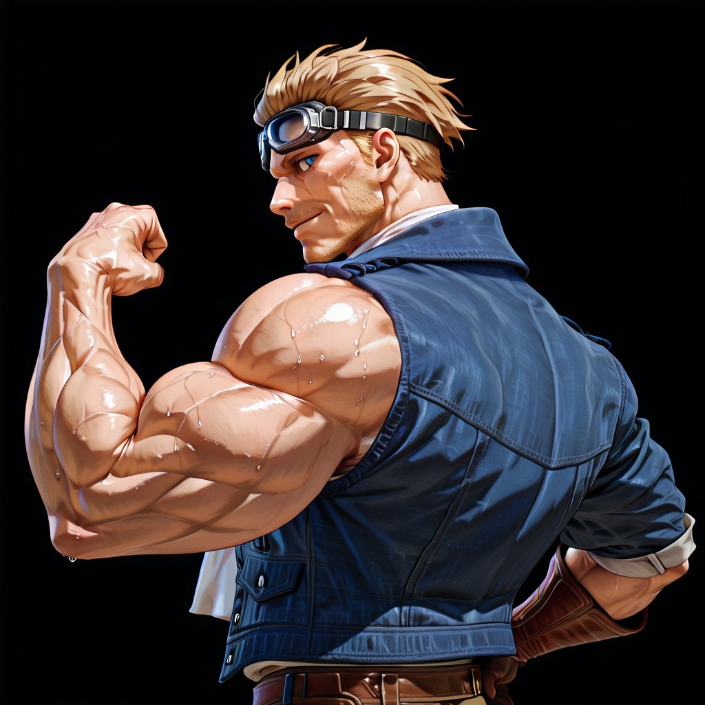 RESET, score_9,score_8_up,score_7_up, Highest Quality, 4k, masterpiece, Amazing Details, best quality, detailed image, good illumination, source_furry, rating_explicit, proportionate body, BREAK, solo, daddy, high testosterone, bara, (hyper muscles:1.3), handsome, sexy, confident, badass, (sexy grin:1.0), (hyper pectorals:1.3), (hyper biceps:1.3), (looking at viewer:3.0), (black background:3.5), close up, (upper body focus:3.5), (six pack abs:1.3), (veiny muscle:1.3), (sweaty:1.3), 
(detailed eyes:2.0), (detailed face:2.0), (perfect face:2.0), (perfect eyes:2.0), 
(side view:4.0), 
(standing:3.1), 
(hand on hips:2.0), (flexing one hand:2.0), 
CidHighwindFF, short hair, blonde hair, blue eyes, stubble, mature male, muscular, bandaid, aviator goggles, 
blue denim jacket, white scarf, grey shirt, brown leather gloves, belt, brown pants, brown cross-laced boots,